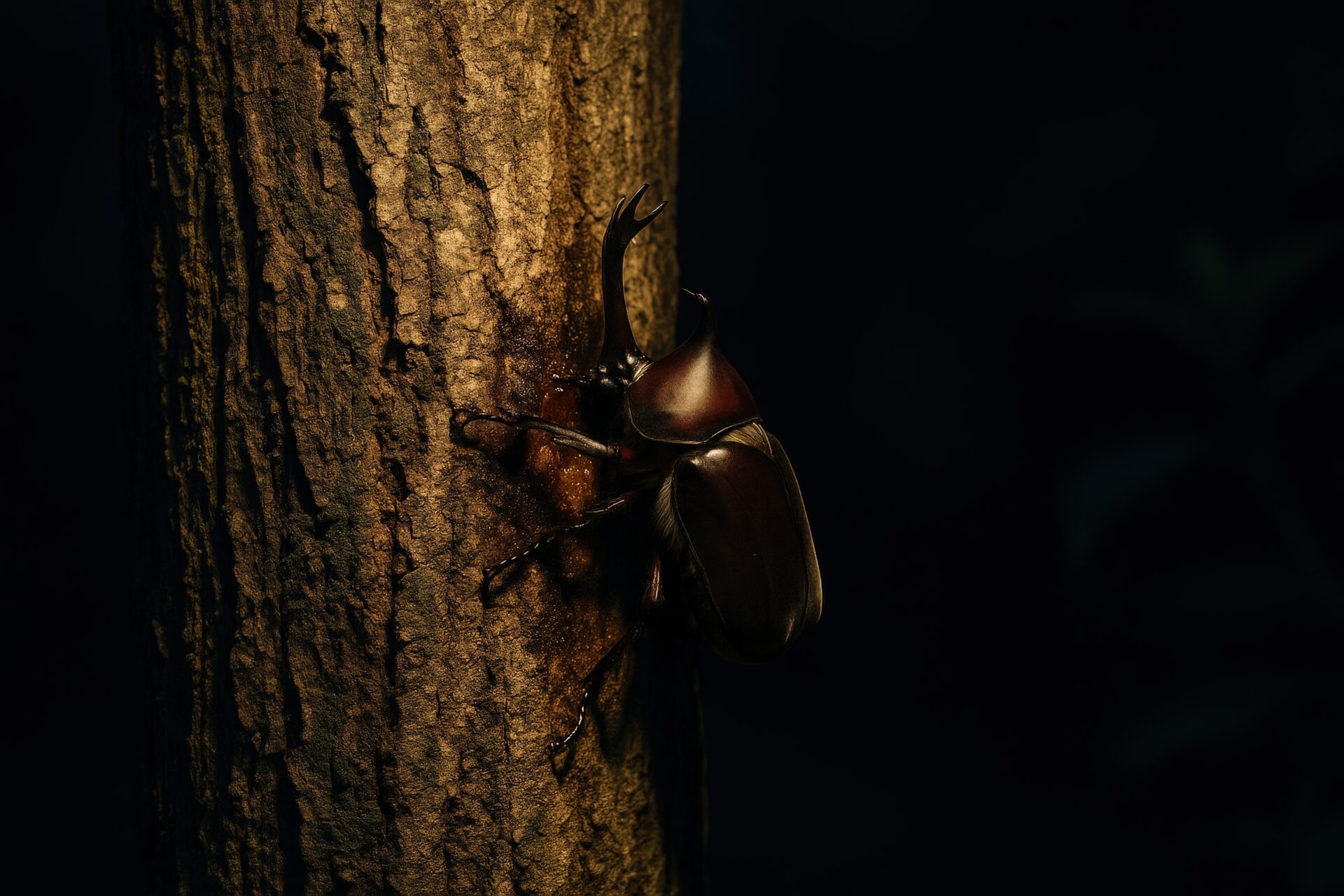 樹液を吸うカブトムシの夜間撮影