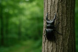 木にとまるクワガタのクローズアップ