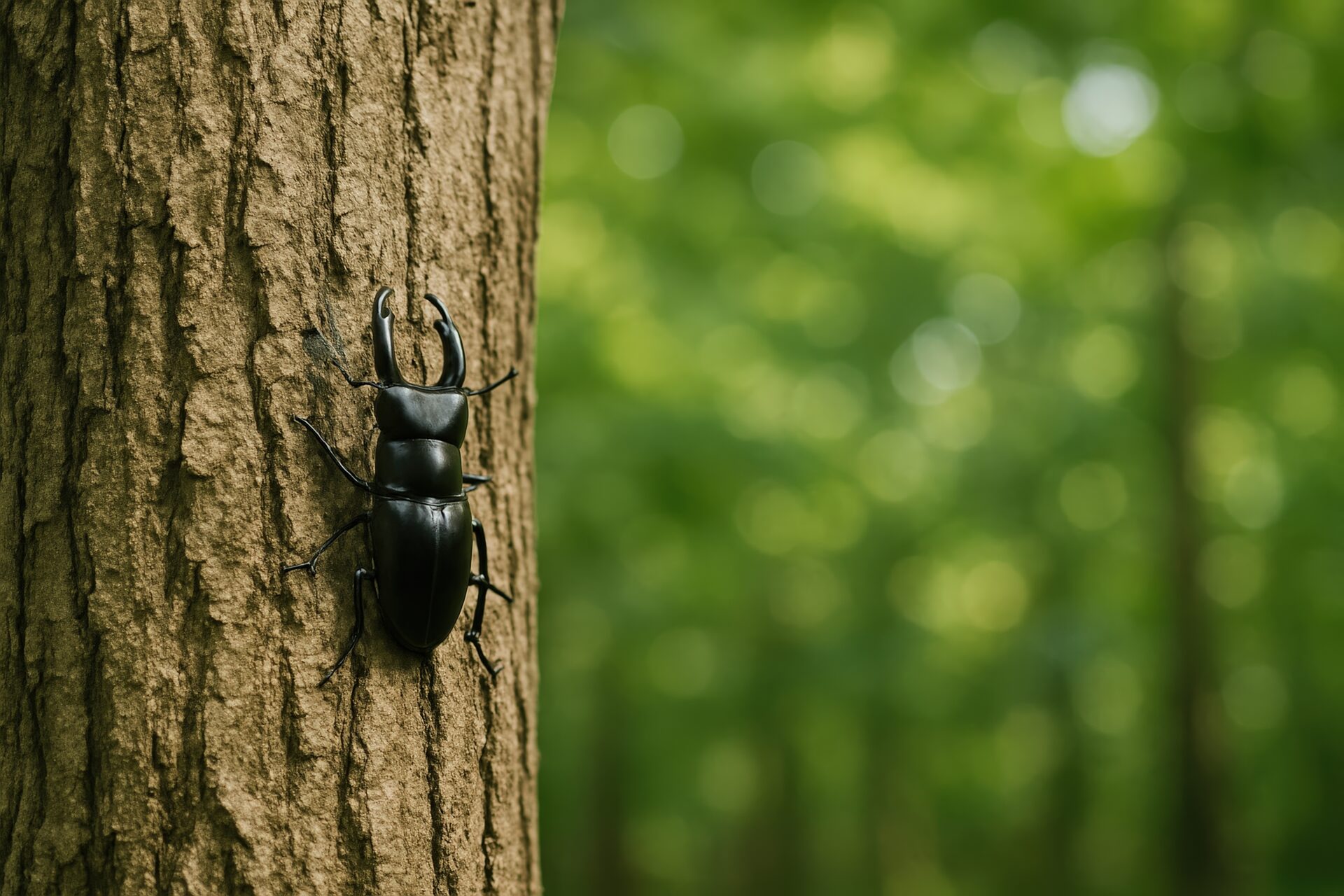 木の幹を登るクワガタと緑の背景
