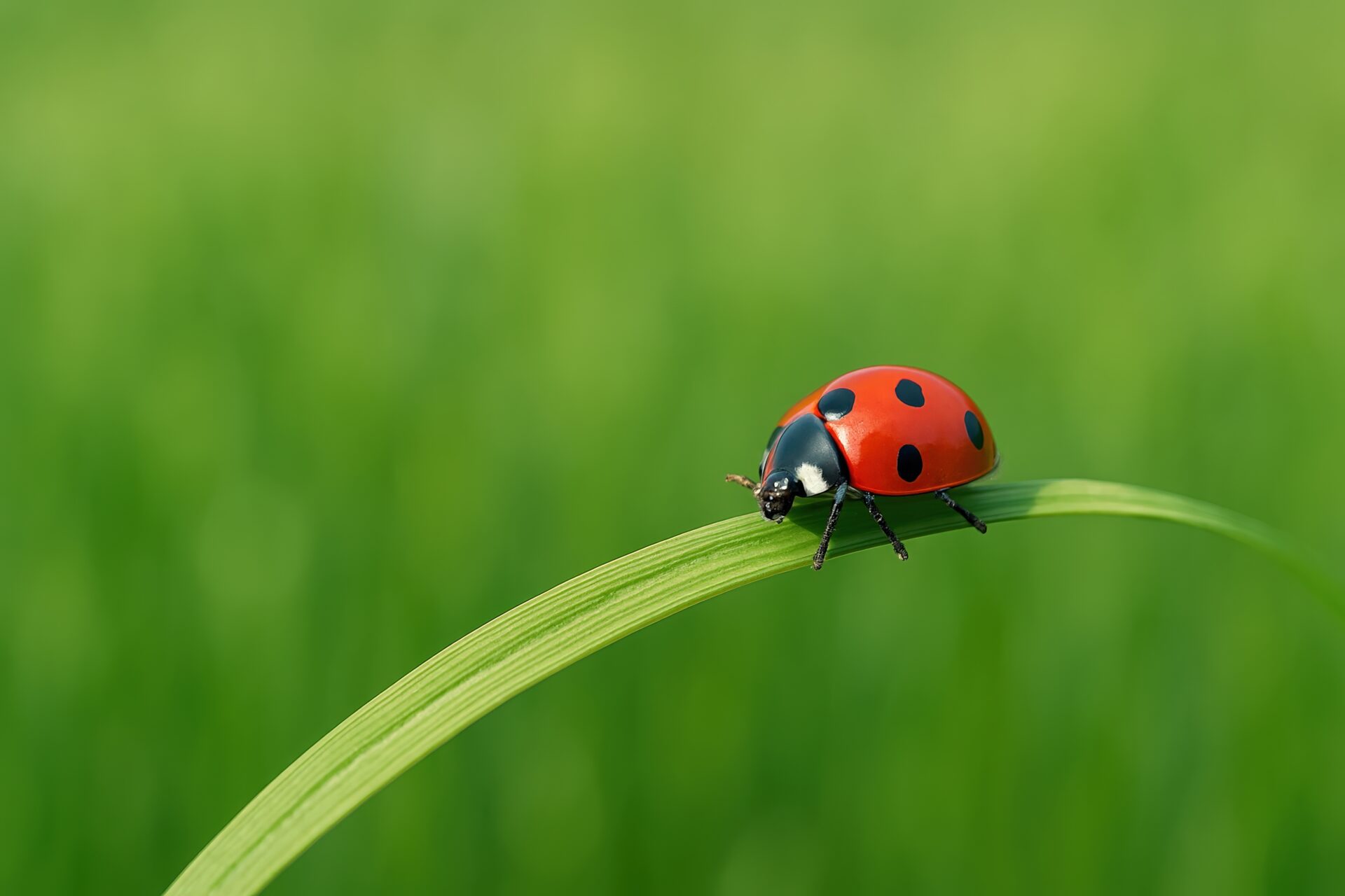 曲がった葉の上にとまる赤いナナホシテントウムシ