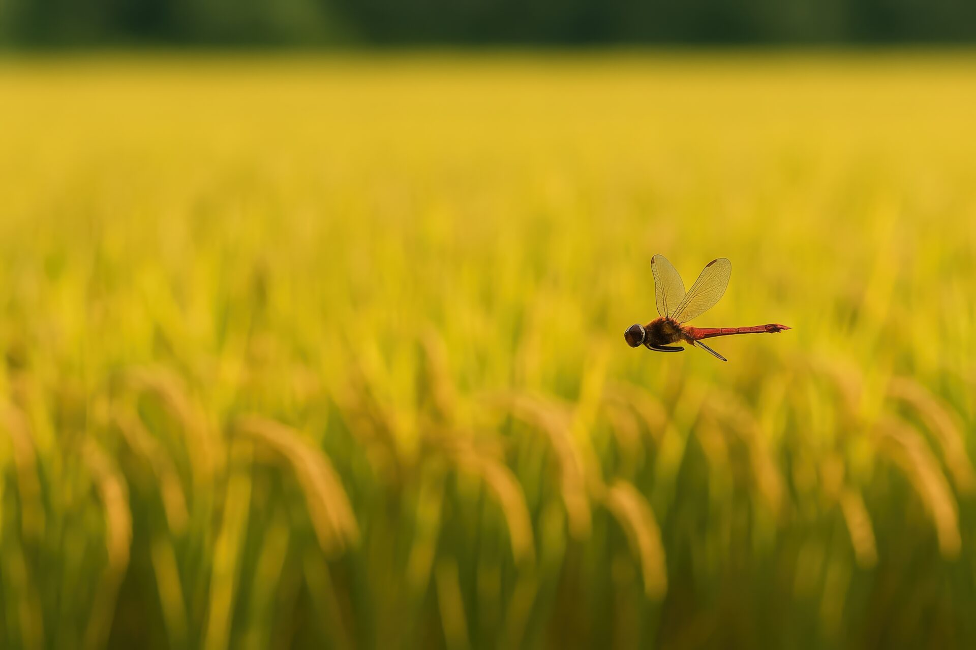 赤とんぼが黄金色の田園を舞う様子