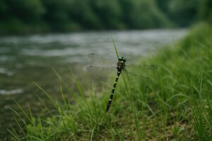 川沿いの草にとまるオニヤンマのアップ