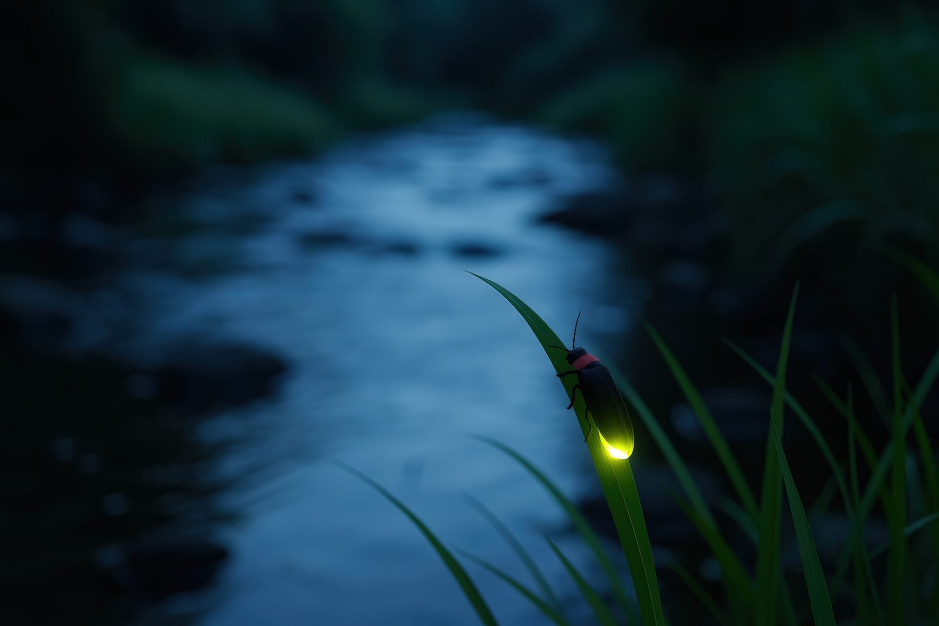 静かな川沿いの草にとまる光る蛍