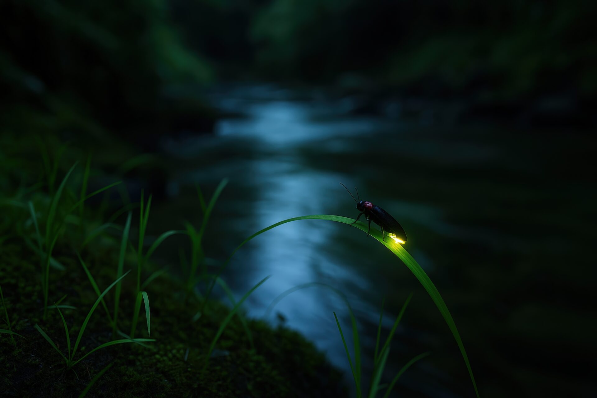 蛍が光を放つ夜の川辺の風景