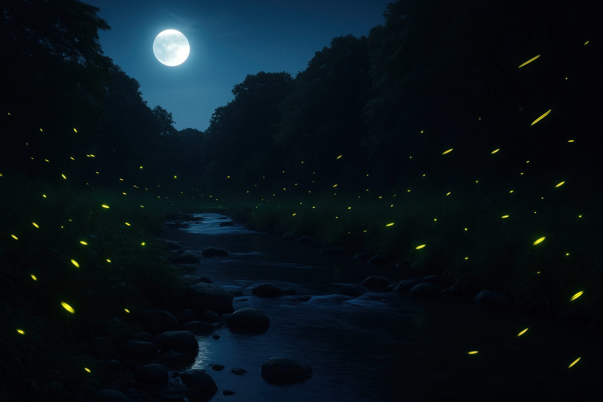夜の川沿いを飛び交う蛍の群れ