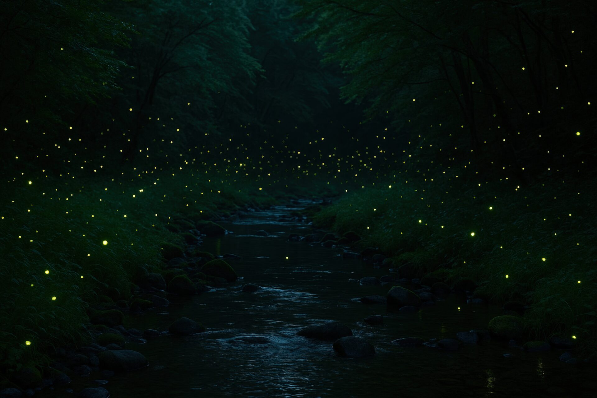 満月と蛍が舞う夜の川辺の風景