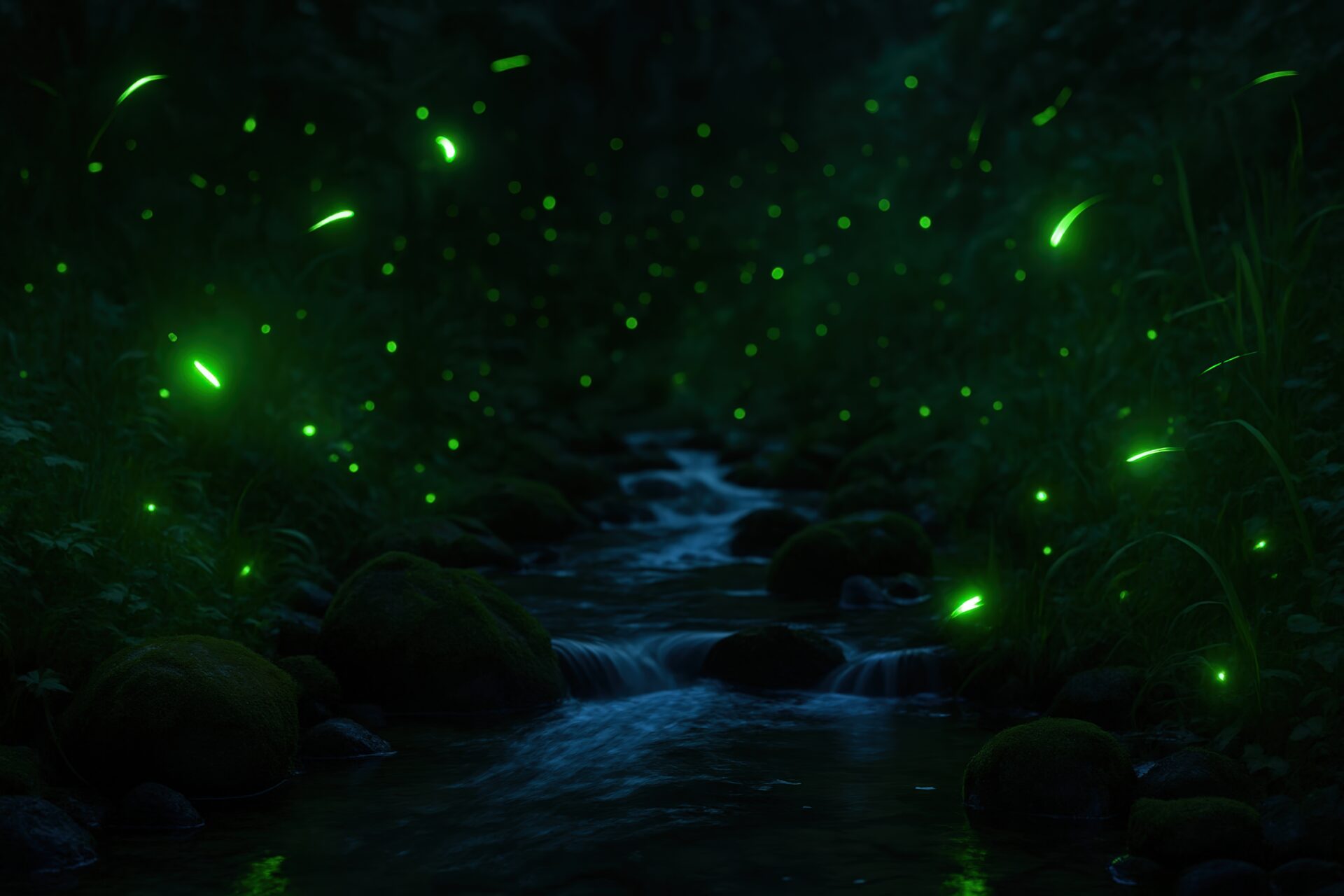 幻想的に輝く蛍の群れと小川の流れ