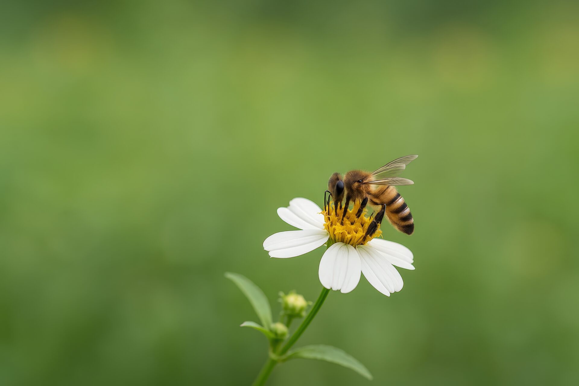 白い花の上で活動する蜜蜂