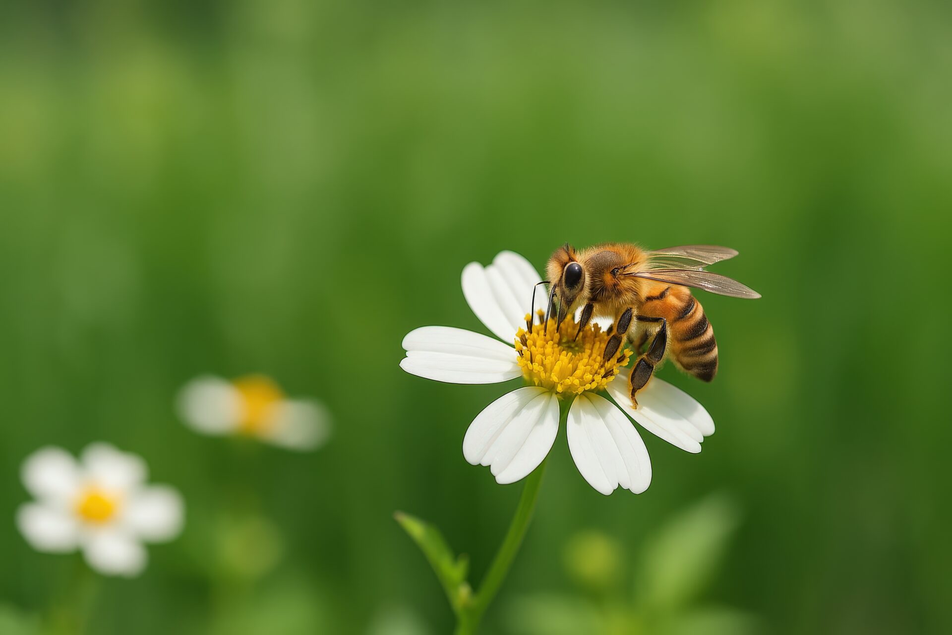 蜜を吸うミツバチと春の草原