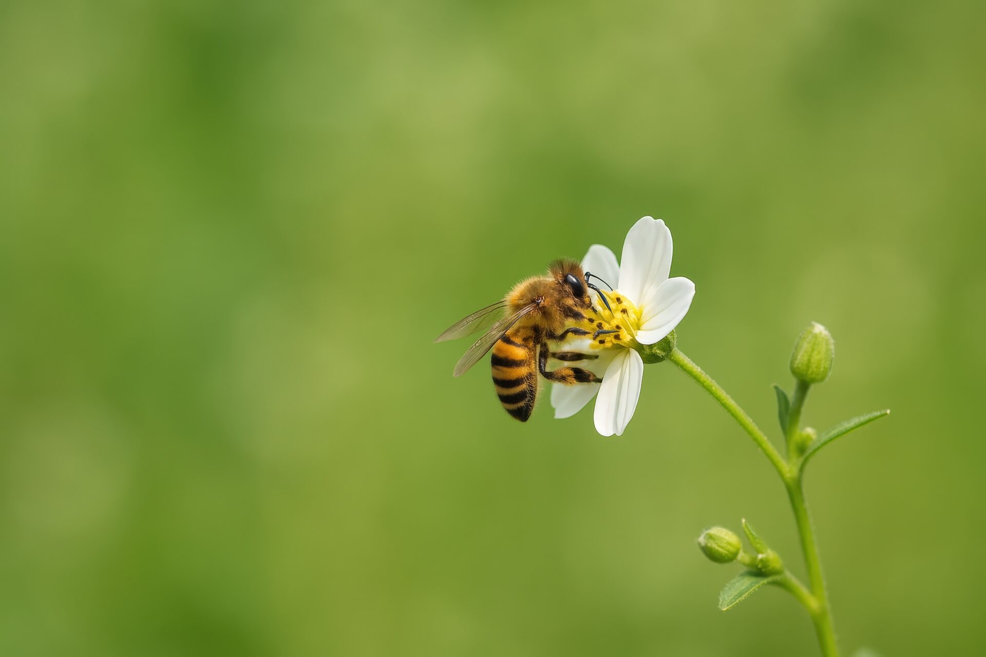 白い花にとまるミツバチの横顔