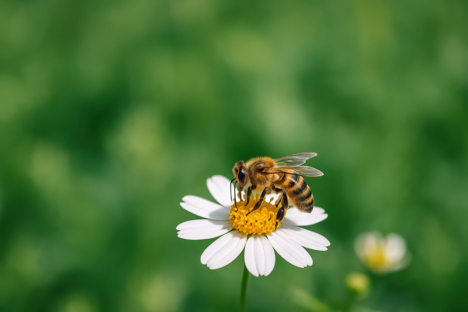 花にとまるミツバチと緑の背景