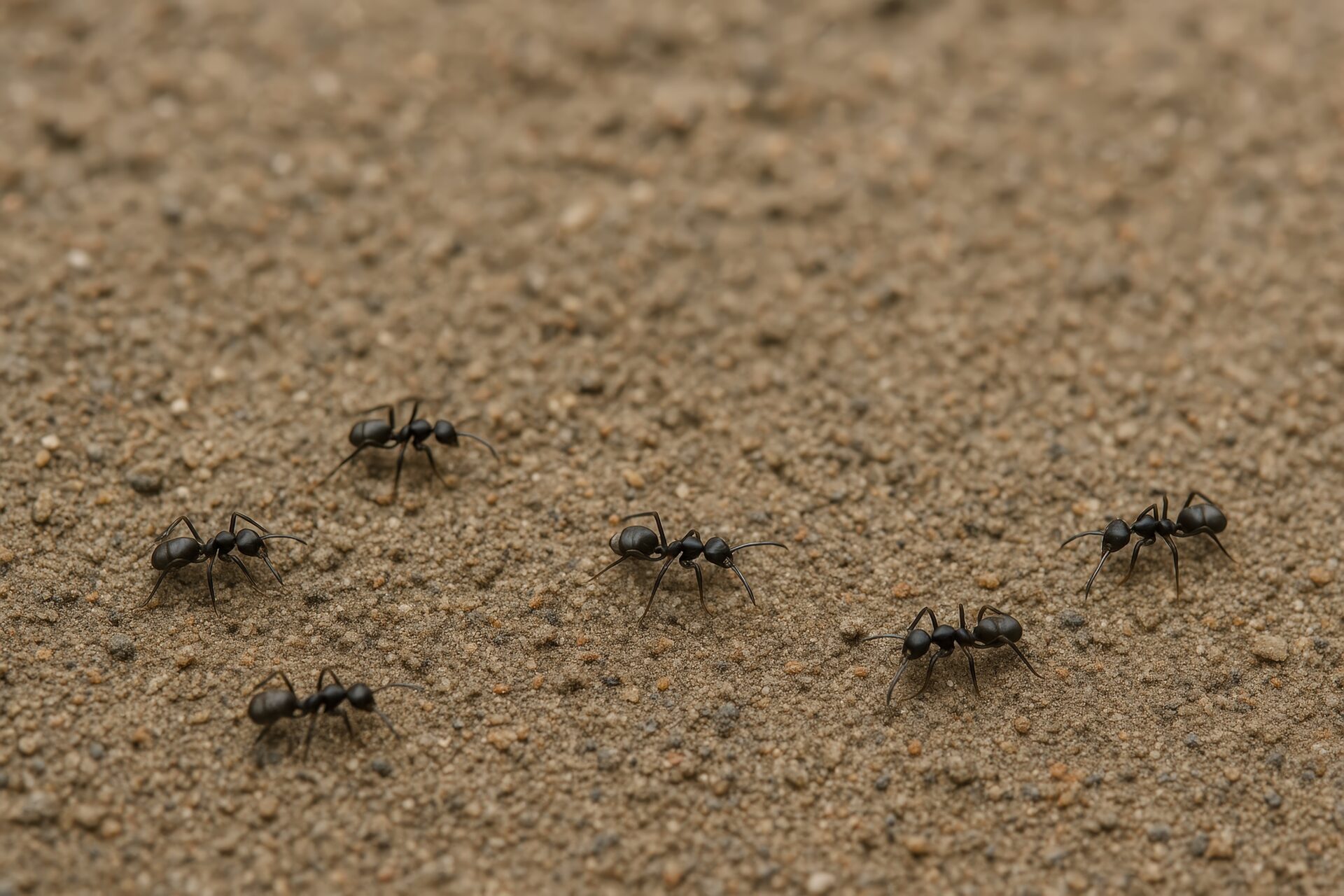 砂の上を移動する複数の黒蟻