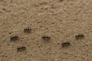 砂の上を移動する複数の黒蟻