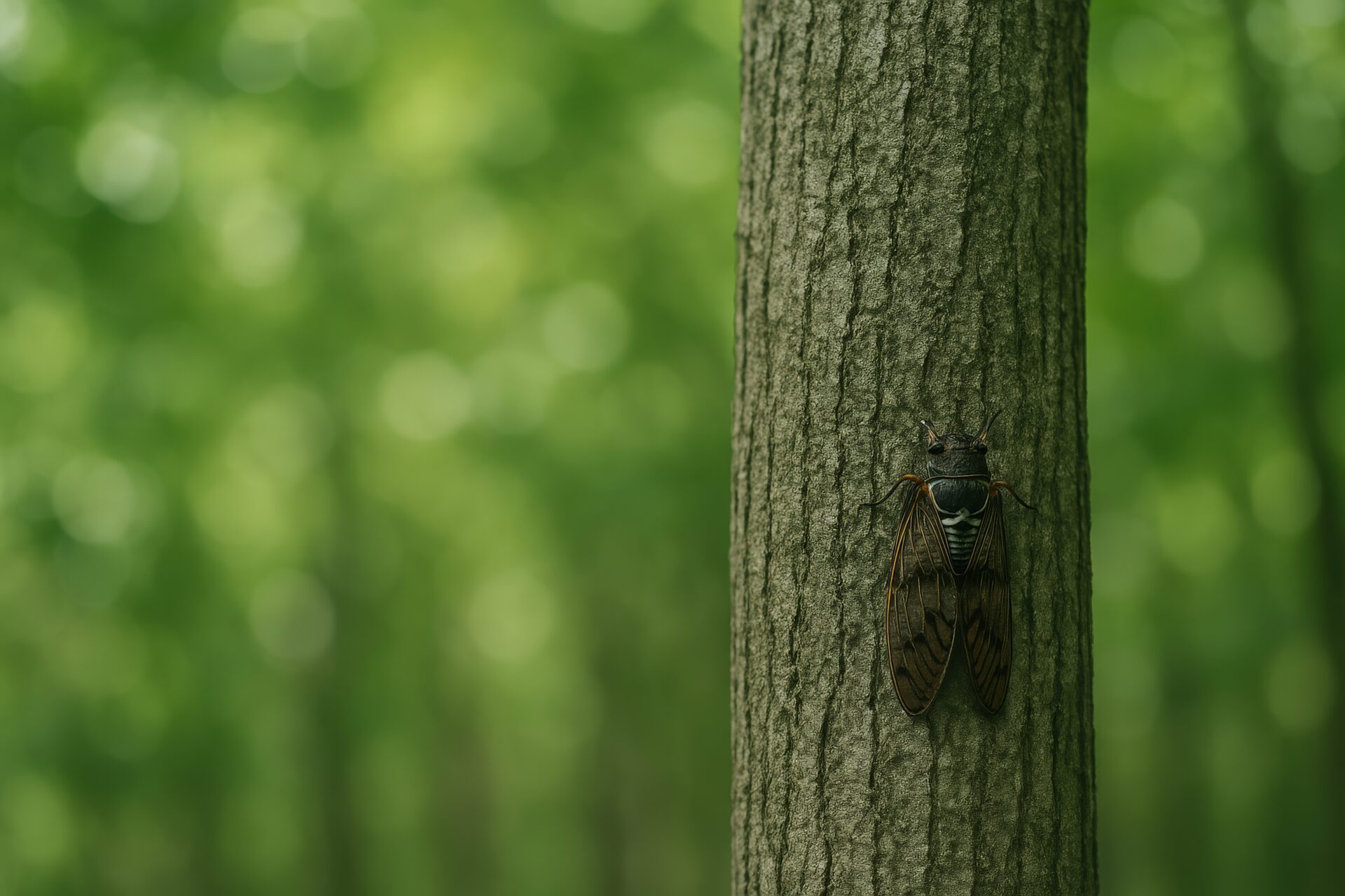木の幹にとまるアブラゼミのクローズアップ