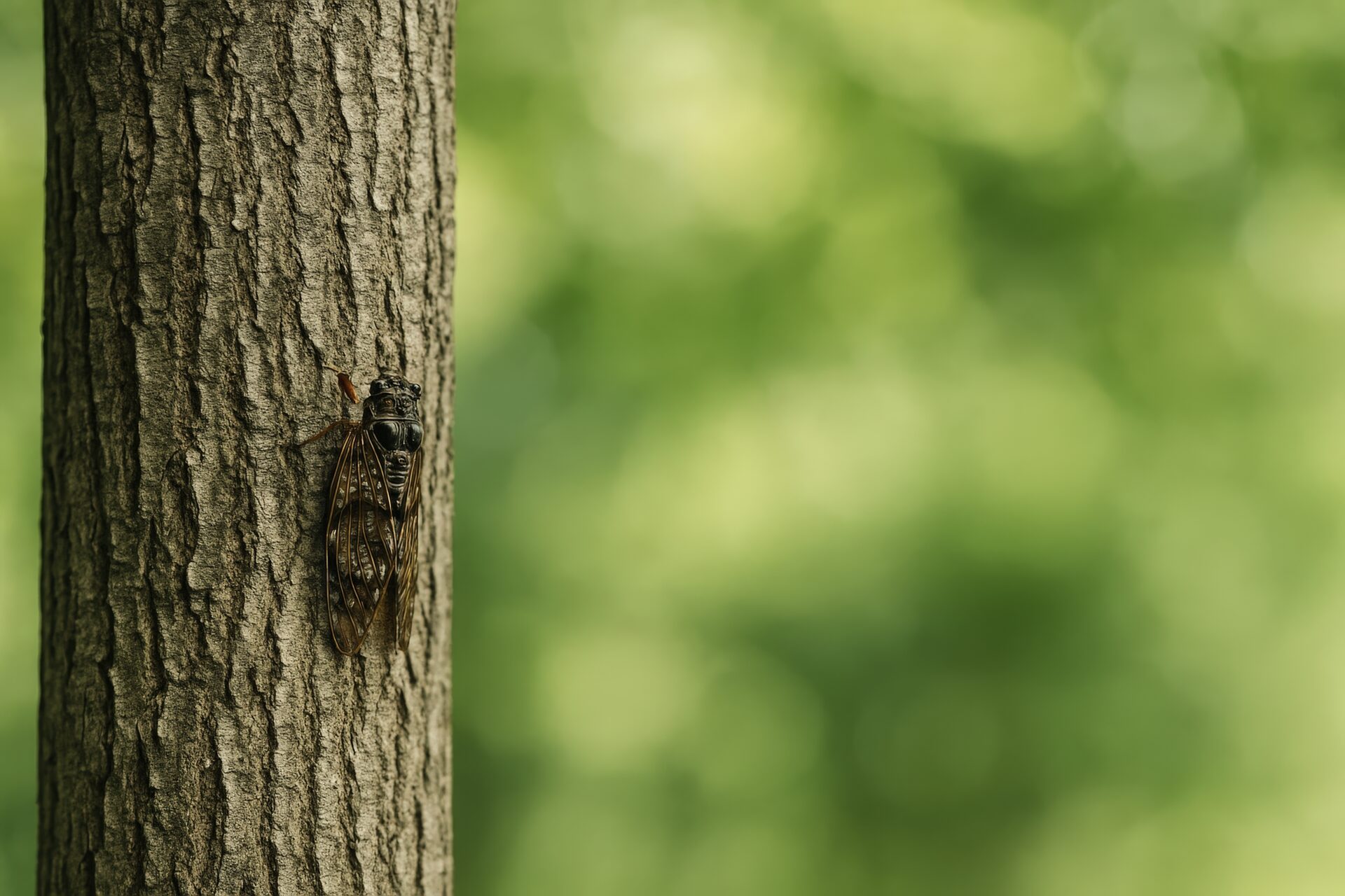 木にとまる一匹のセミと緑の背景