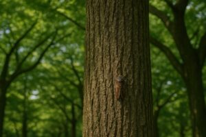 森の中の木の幹にとまるアブラゼミ