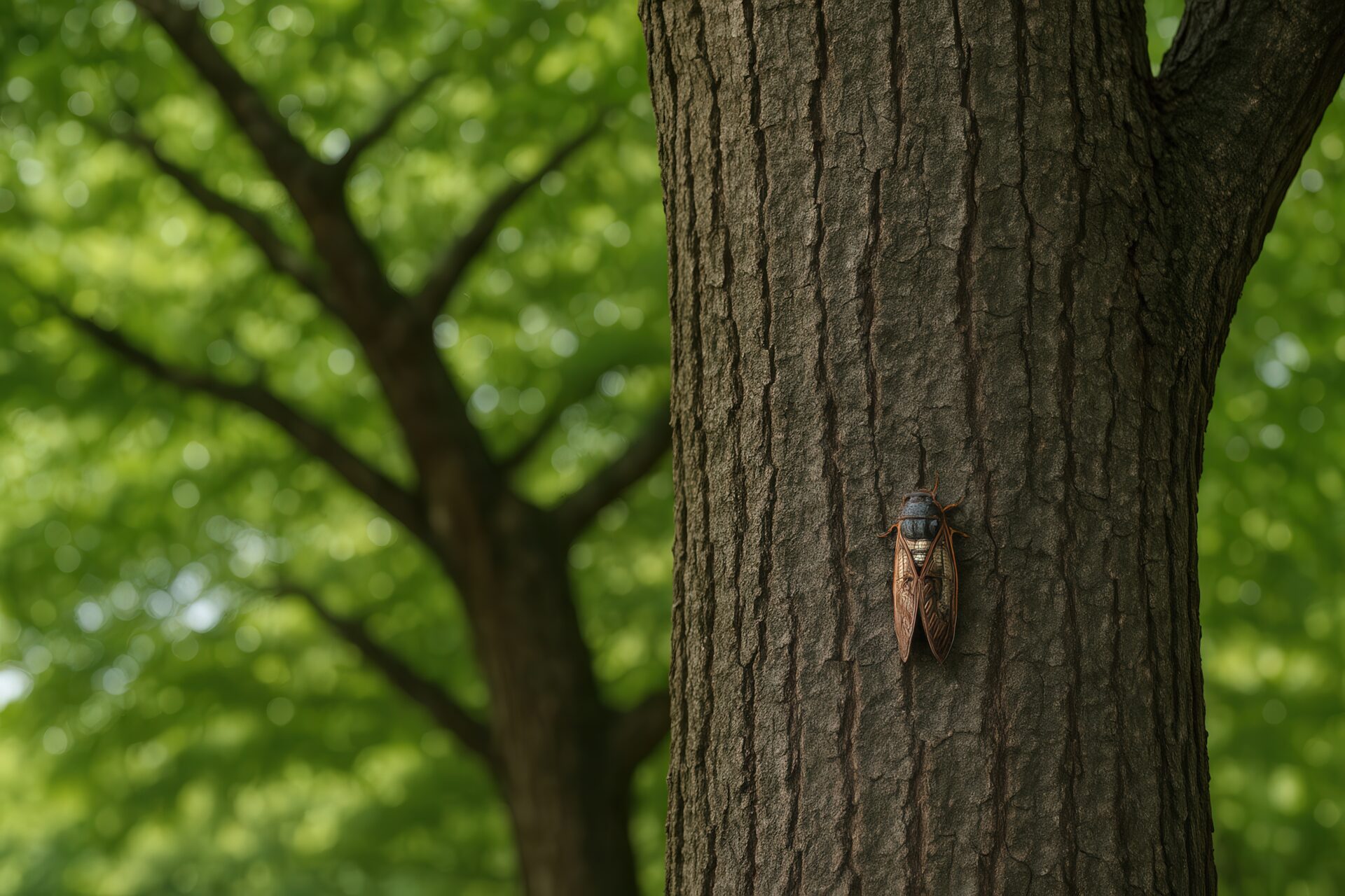 明るい森林の中で木にとまるセミ