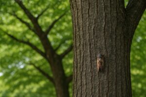 明るい森林の中で木にとまるセミ
