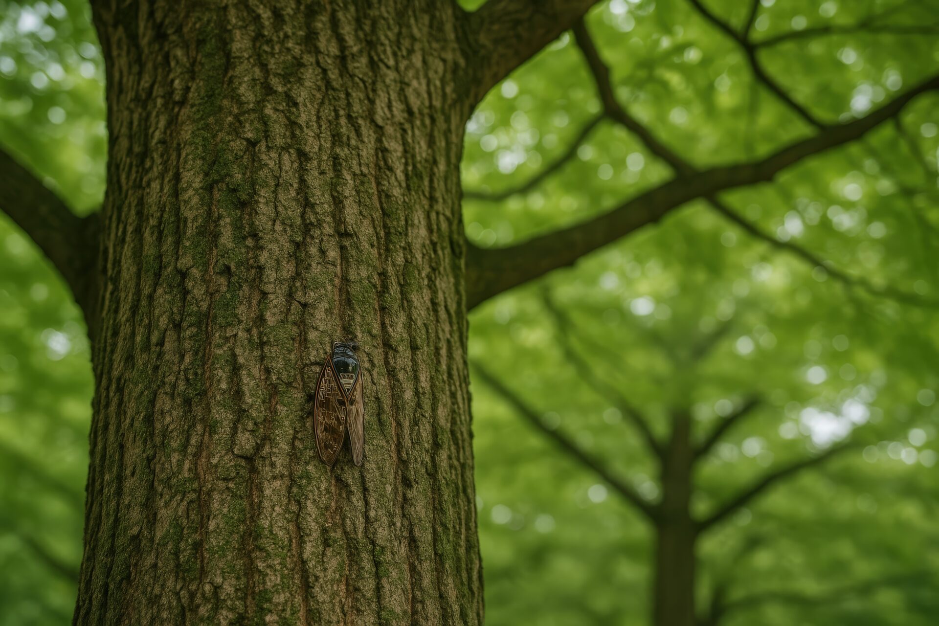 大きな木の幹に静かにとまるセミ