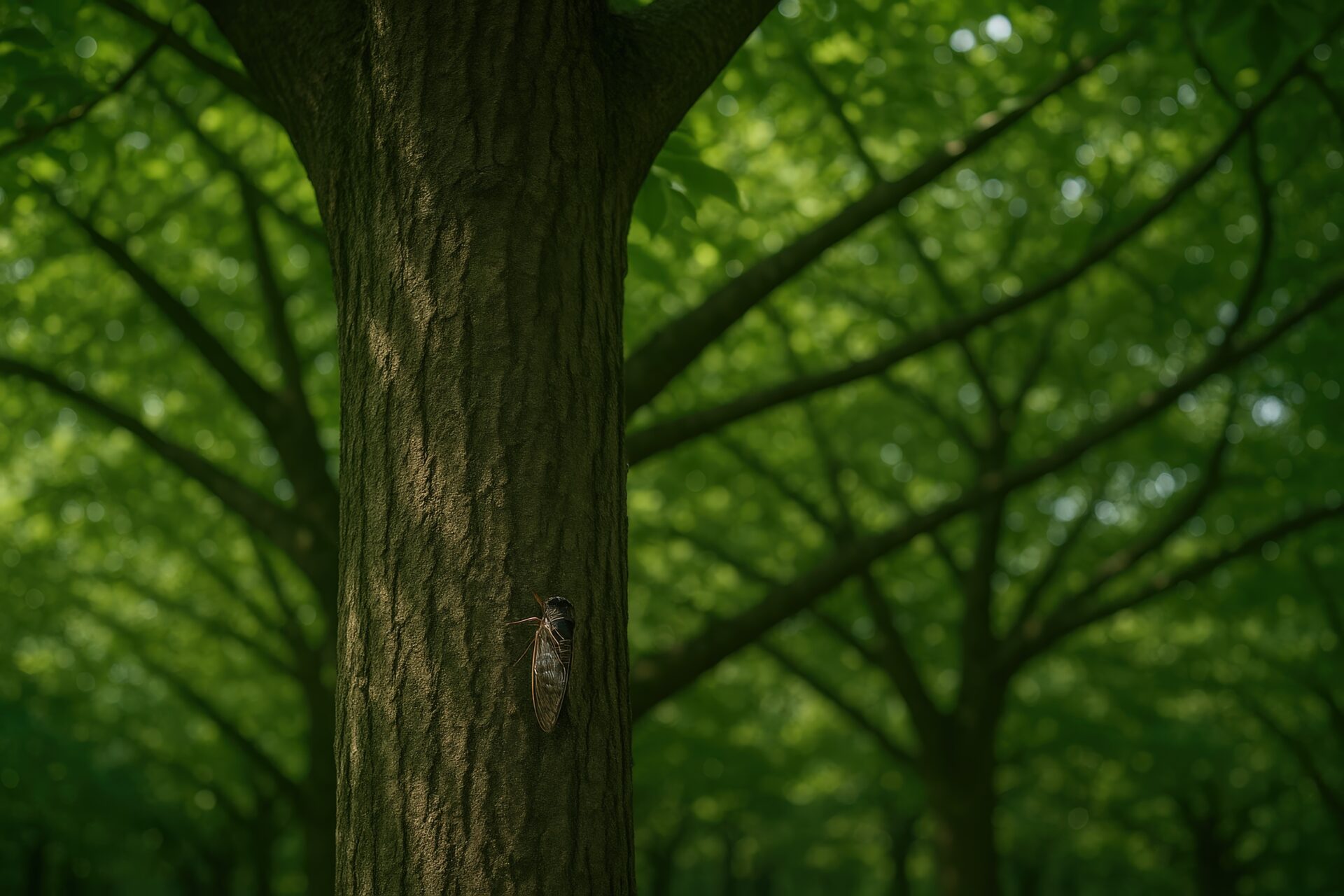 木の幹に張りつくようにとまるアブラゼミ