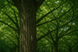 木の幹に張りつくようにとまるアブラゼミ