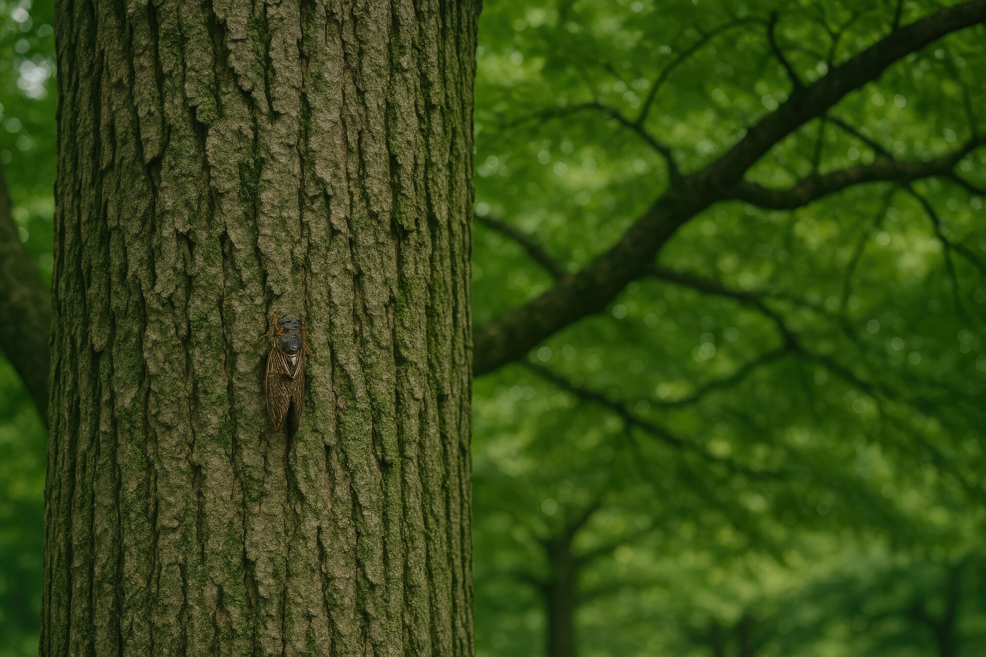 緑の森で木にとまる夏のセミ