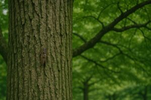 緑の森で木にとまる夏のセミ