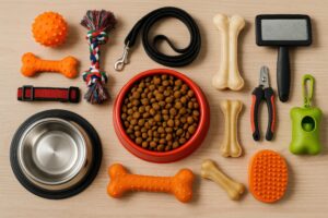 オレンジの容器と犬用おもちゃやフードの平置き