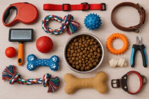 赤いリードと首輪が目を引く犬用グッズのセット