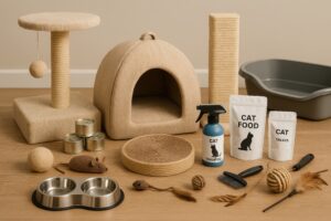 キャットハウスや爪とぎが並ぶナチュラルカラーの猫グッズ