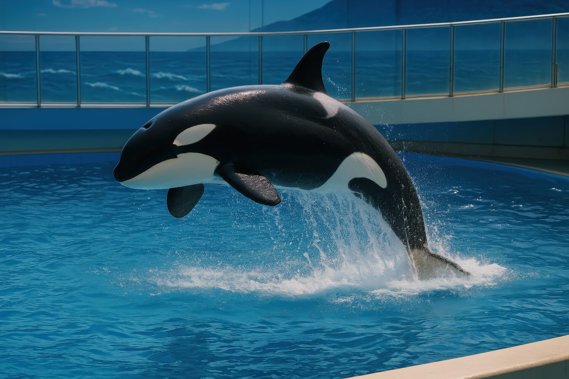 水族館でジャンプするシャチ