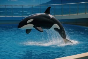水族館でジャンプするシャチ