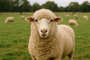 牧草地に立つふわふわのヒツジ