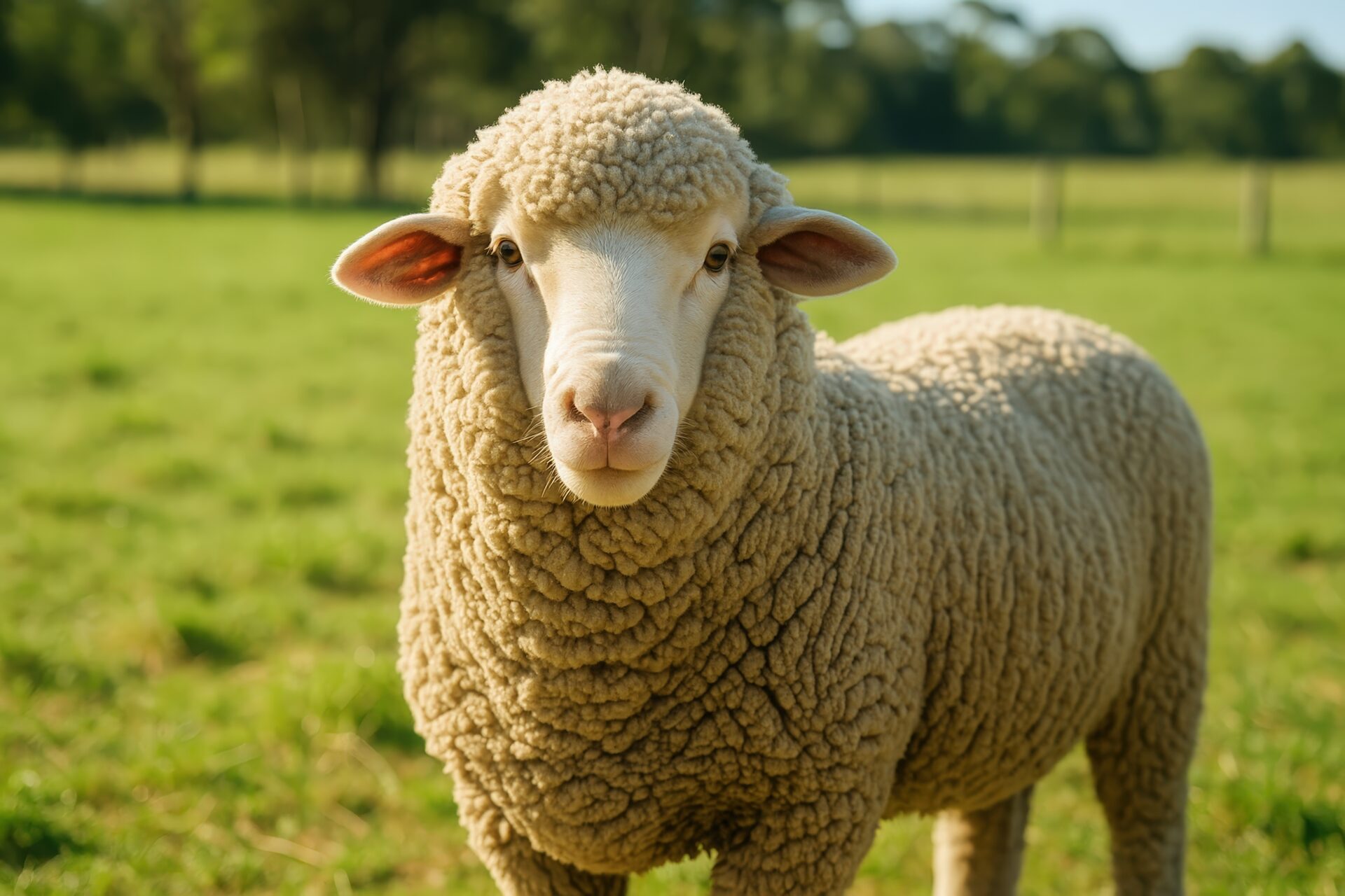 明るい草原にいるヒツジ