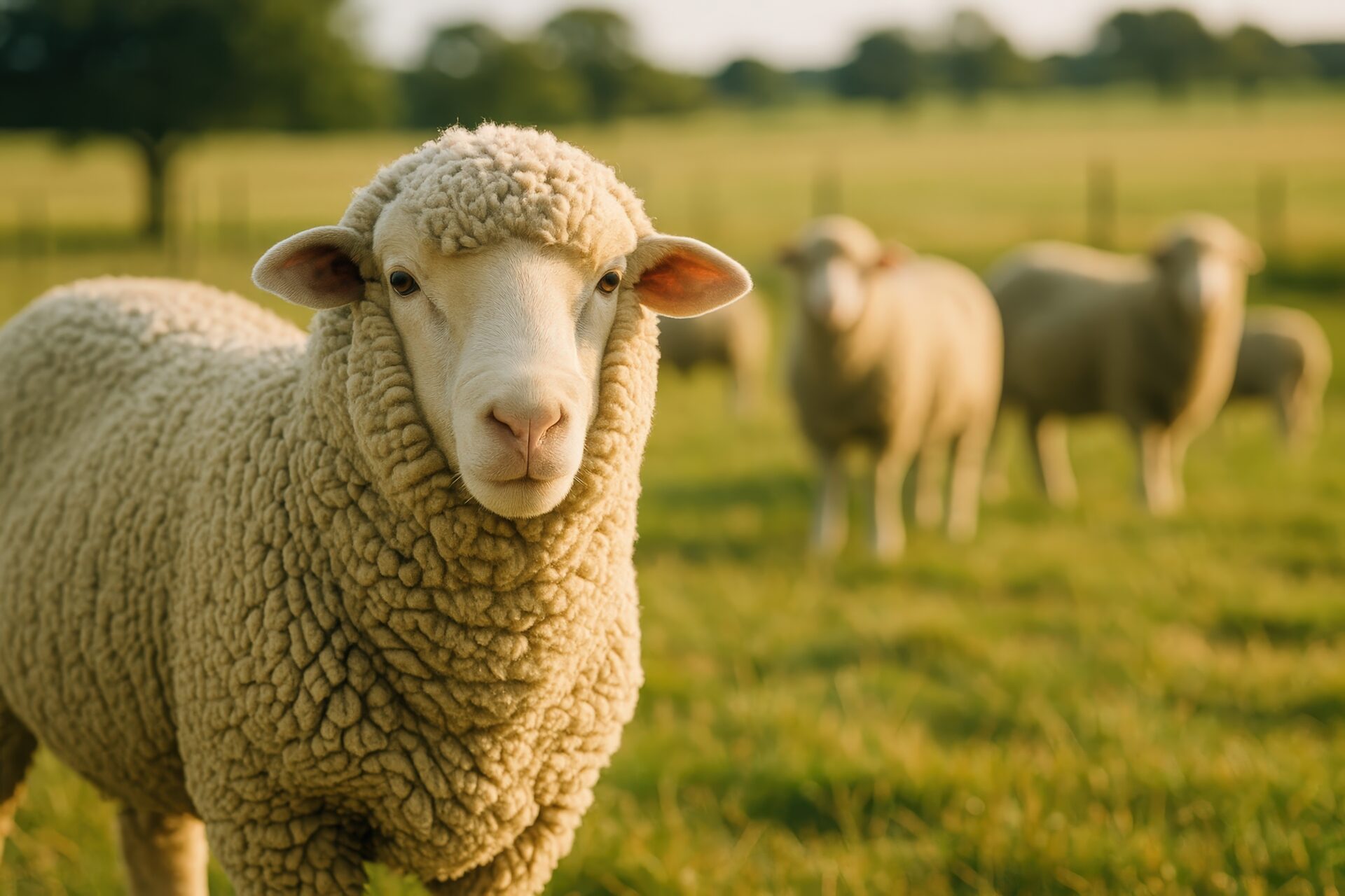 群れの中で振り返るヒツジ