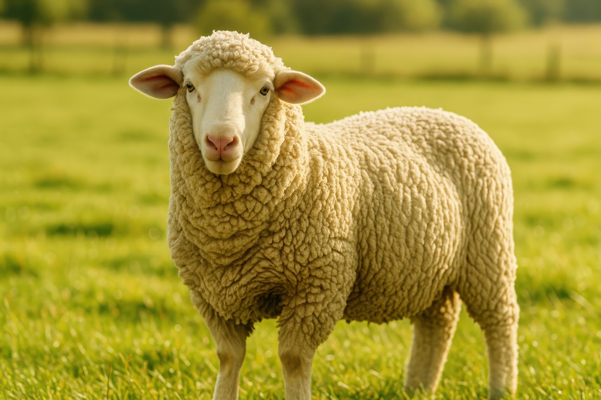 鮮やかな草地に立つヒツジ