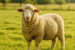 鮮やかな草地に立つヒツジ