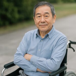 腕を組んで微笑む車椅子の高齢男性