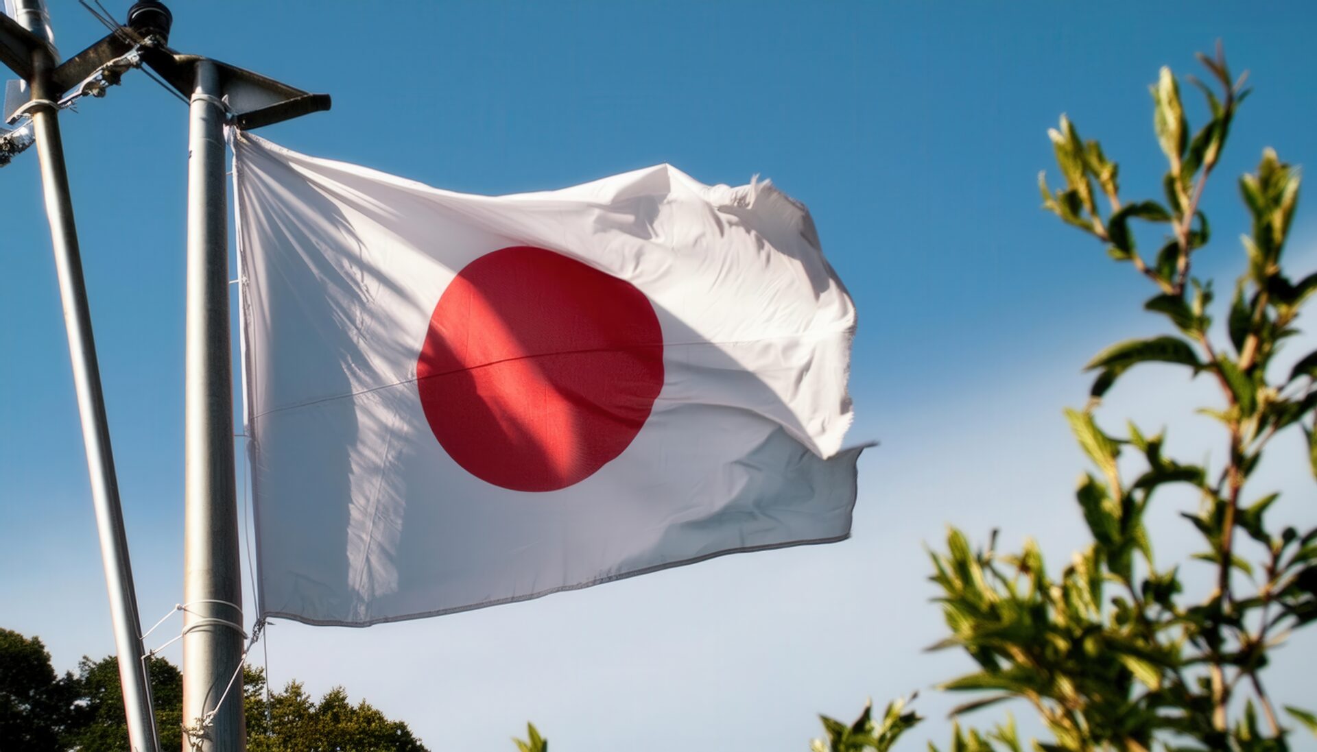 日本の国旗と風に揺れる木々