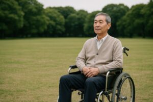 芝生の広場で車椅子に座る高齢男性