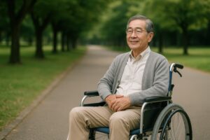 公園の道で穏やかに座る車椅子の高齢男性