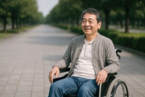 石畳の道で車椅子に座る高齢男性
