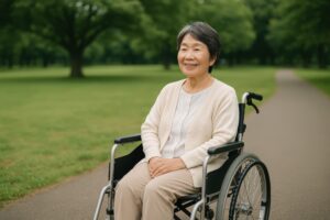 緑の中で微笑む車椅子の高齢女性