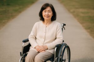 舗道で前を見つめる車椅子の高齢女性