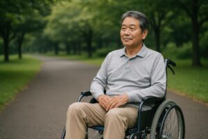 公園の道で静かに座る車椅子の高齢男性