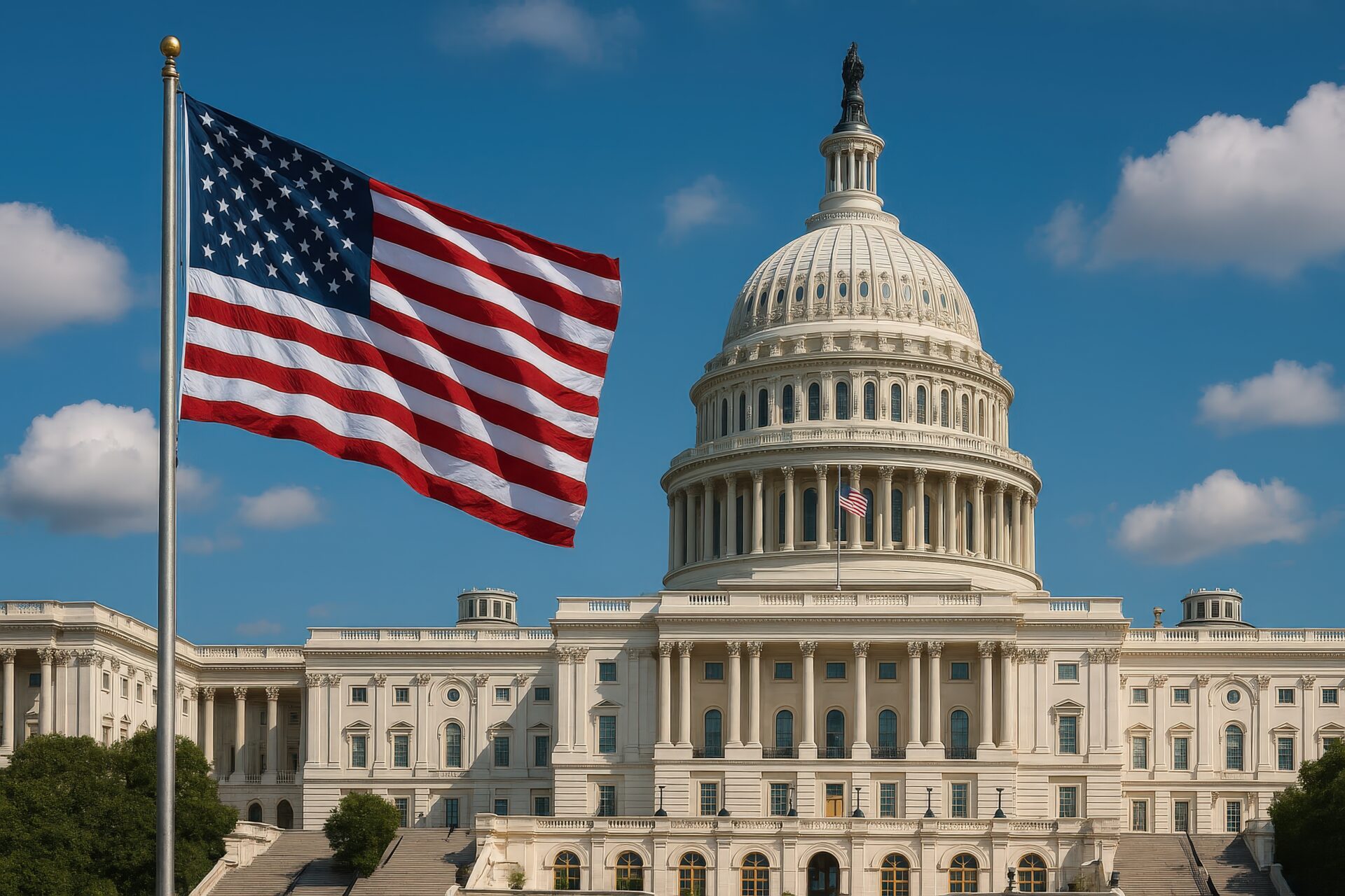 アメリカ国旗と連邦議会議事堂の風景