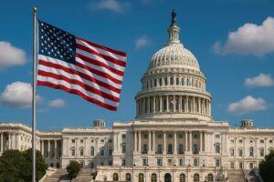 アメリカ国旗と連邦議会議事堂の風景