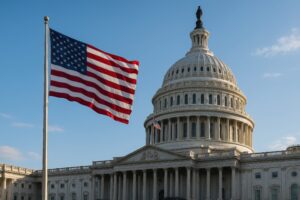 アメリカ議事堂と星条旗が揺れる風景