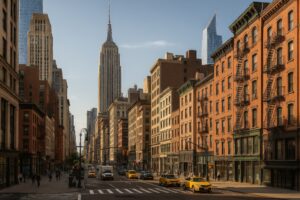 夕暮れのニューヨーク市街とエンパイアステートビル