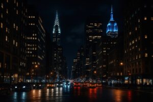 雨上がりの夜に灯るニューヨークの都市景観
